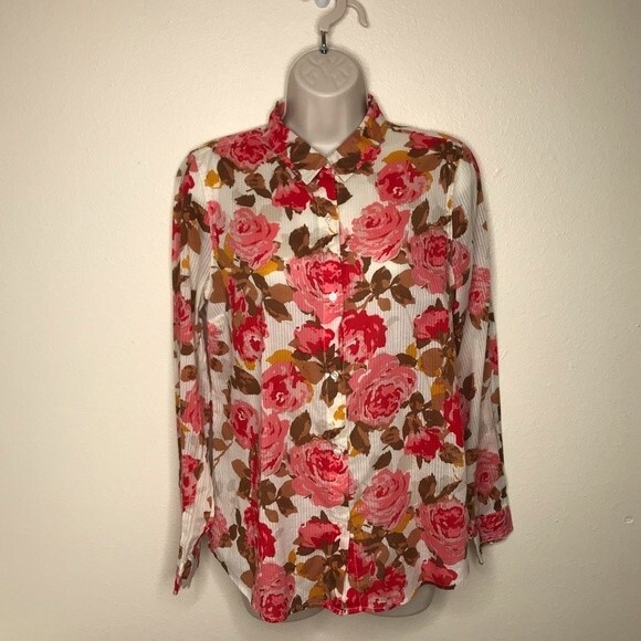 Old Navy Cream Stripe Floral Long Sleeve Button Up Blouse Womens Size Medium - Picture 12 of 12